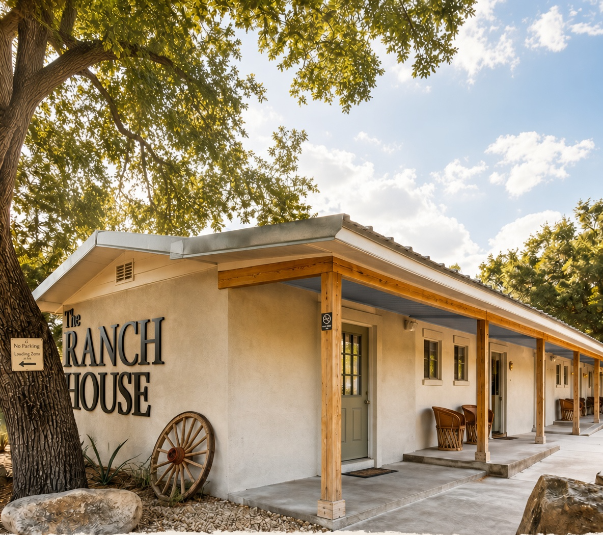 The motel porch on cedar posts with a wagon wheel resting against the stucco wall